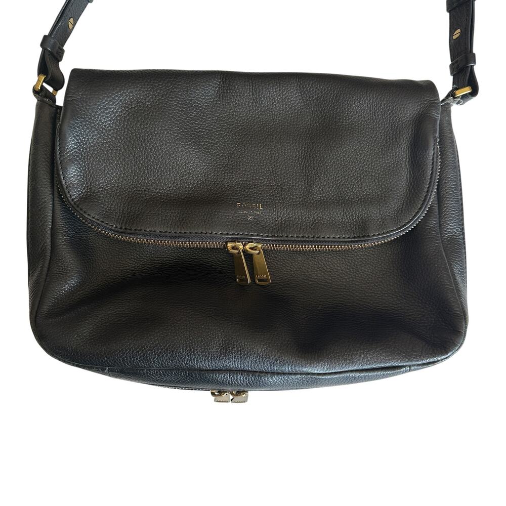 Fossil Black Leather Foldover Zip Around Bag Pebbled Flap Purse Boho Slouchy - Picture 3 of 13